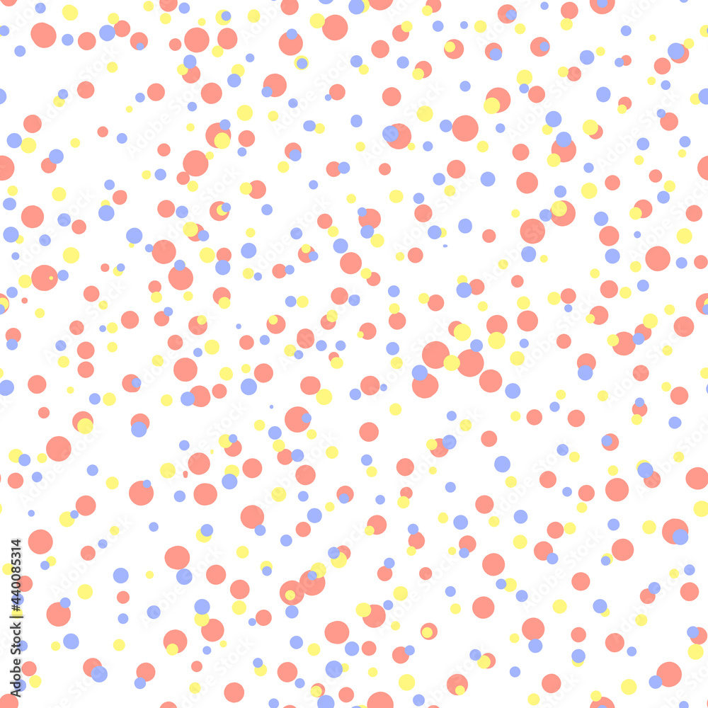 Abstract hand drown polka dots background. White seamless pattern with pink, blue circles. Template design for invitation, poster, card, flyer, banner, textile, fabric