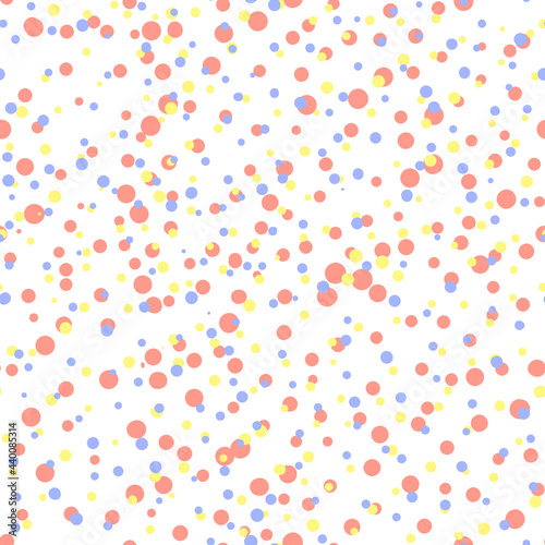 Abstract hand drown polka dots background. White seamless pattern with pink, blue circles. Template design for invitation, poster, card, flyer, banner, textile, fabric