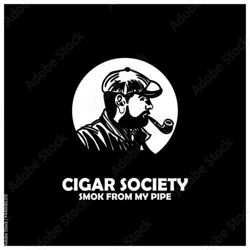 cigar society design logo vector. people man smoker portrait