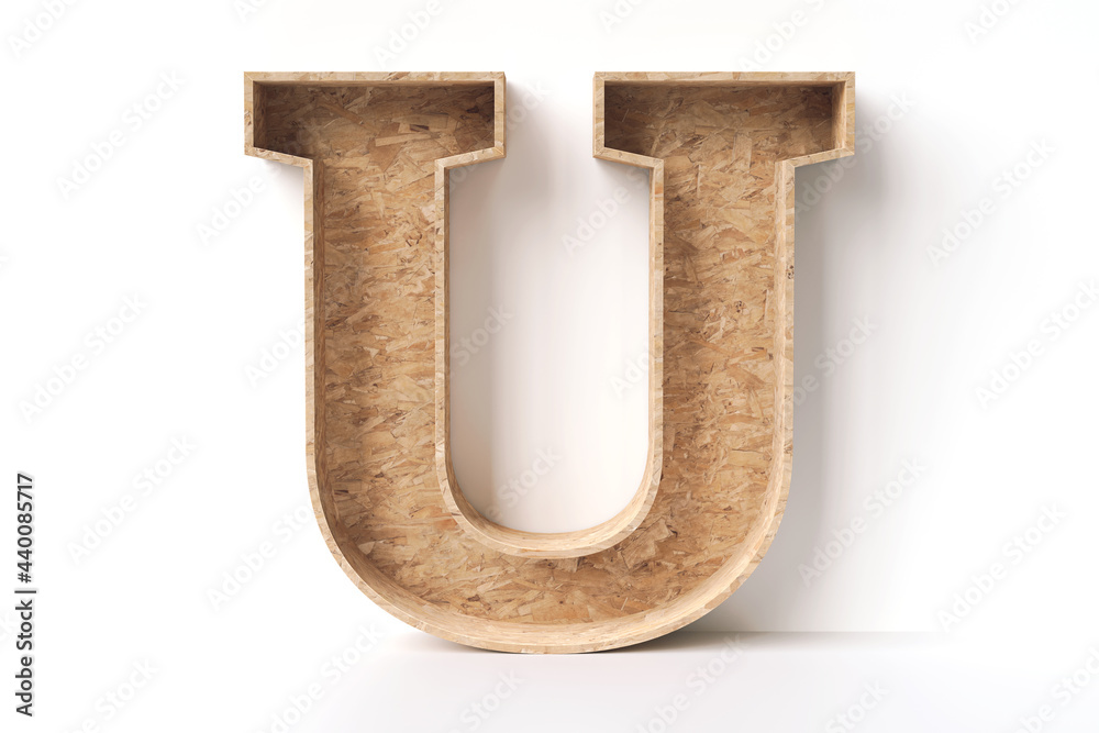 Oriented strand board wood in the shape of letter U nice to display eco friendly products or objects. High quality 3D rendering. Oriented strand board wood in the shape of letter U nice to display eco friendly products or objects. High quality 3D rendering.