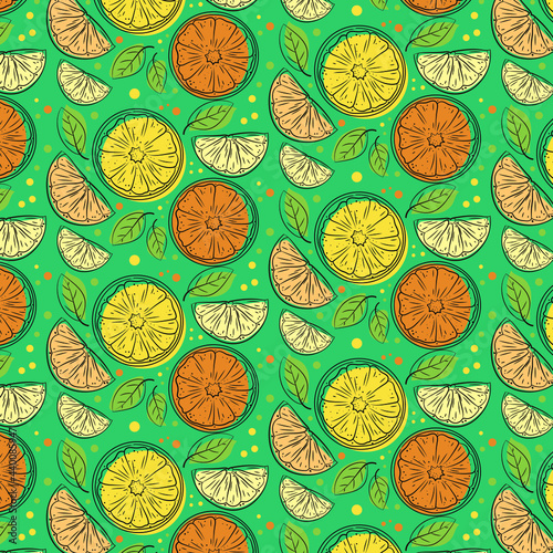 The pattern. Natural fruits, vitamin juice. Vegan cuisine organic fruit or vegetarian food. Illustration of lemon and orange.