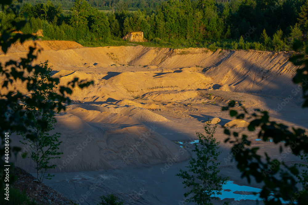 Industrial sand quarry. Sand pit. Sand special for construction. Construction industry.