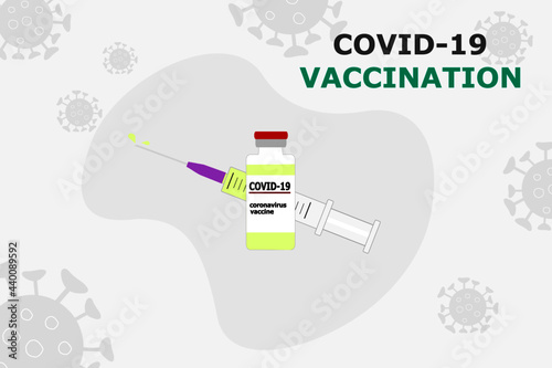 syringe drawing vaccine and COVID-19 vaccine vial. coronavirus particle image in grey background. cconcept of campaign to be vaccinated for community immunization to save the world from Covid-19 outbr