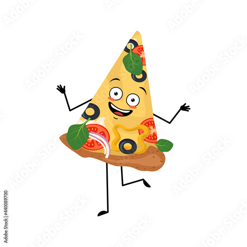 Cute pizza character with emotions dancing, smile face, arms and legs. The funny, happy or smile hero, joyful food. Vector flat illustration