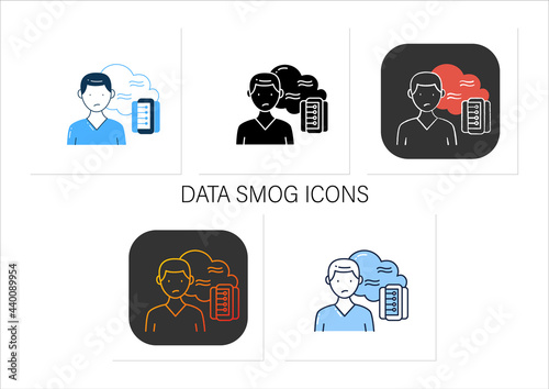 Data smog icons set. Information overload. Overwhelmed individuals brain and system. Unsatisfied situation. Collection of icons in linear, filled, color styles. Isolated vector illustrations