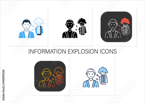 Information explosion icons set.Rapid increase of published information or data.Information overload concept.Collection of icons in linear, filled, color styles. Isolated vector illustrations