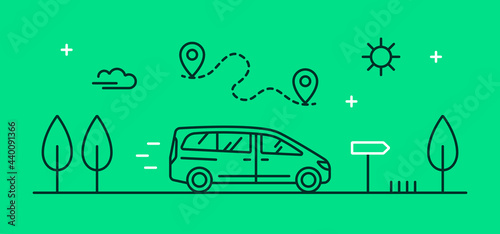 Vector linear illustrations with a family car driving on the road. Minimalistic outline minivan icon. Concept for the transport, logistics and travel industry.