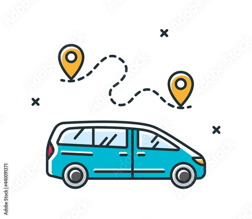 Vector linear illustration with family vacation van, location and travel route. Colored minimalistic minivan icon. Concept for transport services and car rental.  photo