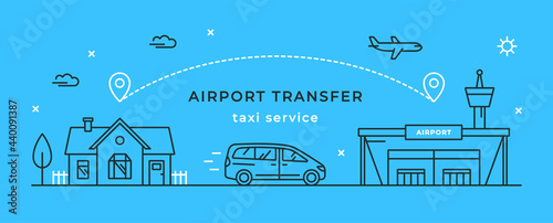 Vector linear illustration with a car driving from home to the airport building. Minivan, house and airport terminal outline icons. Stylish flyer or web banner.