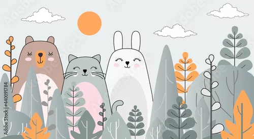Obraz Children's wallpaper. Drawing with animals. Wallpaper for the children's room. Photo wallpapers. Children's greeting card. Fabulous forest.