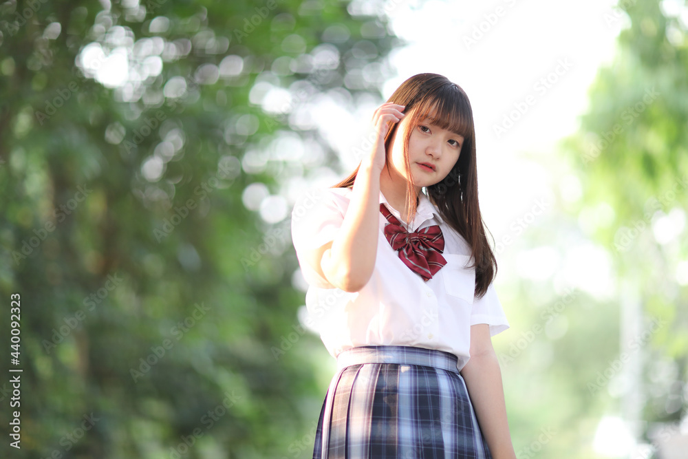 beautiful asian japanese school girl uniform looking at park outdoor beautiful asian japanese school girl uniform looking at park outdoor
