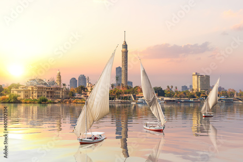 Sunset on the Nile and sailboats, Cairo, Egypt