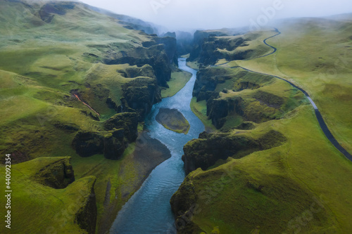 Aerial view of Fjadrargljufur Volcanic Canyon Iceland on moody overcast weather photo