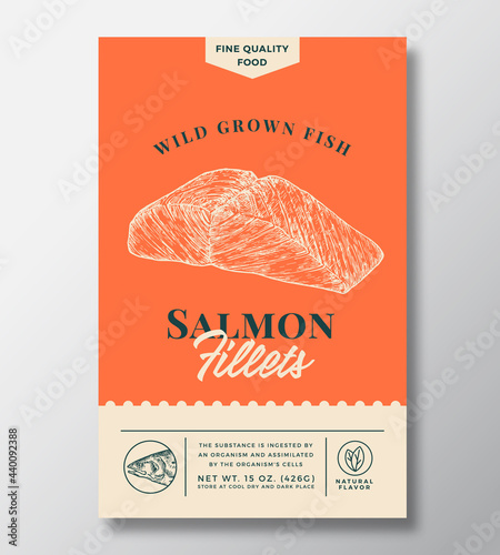 Wild Salmon Abstract Vector Packaging Design or Label. Modern Typography Banner, Hand Drawn Fish Fillets Sketch Silhouette. Color Paper Background Layout. Isolated