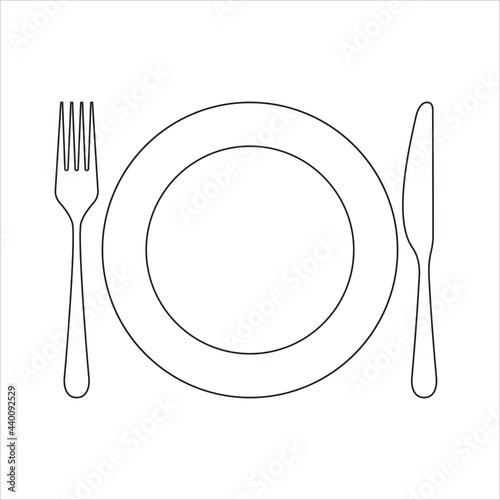 Tableware graphic icon. Isolated sign plate, fork and knife on white background. Vector illustration
