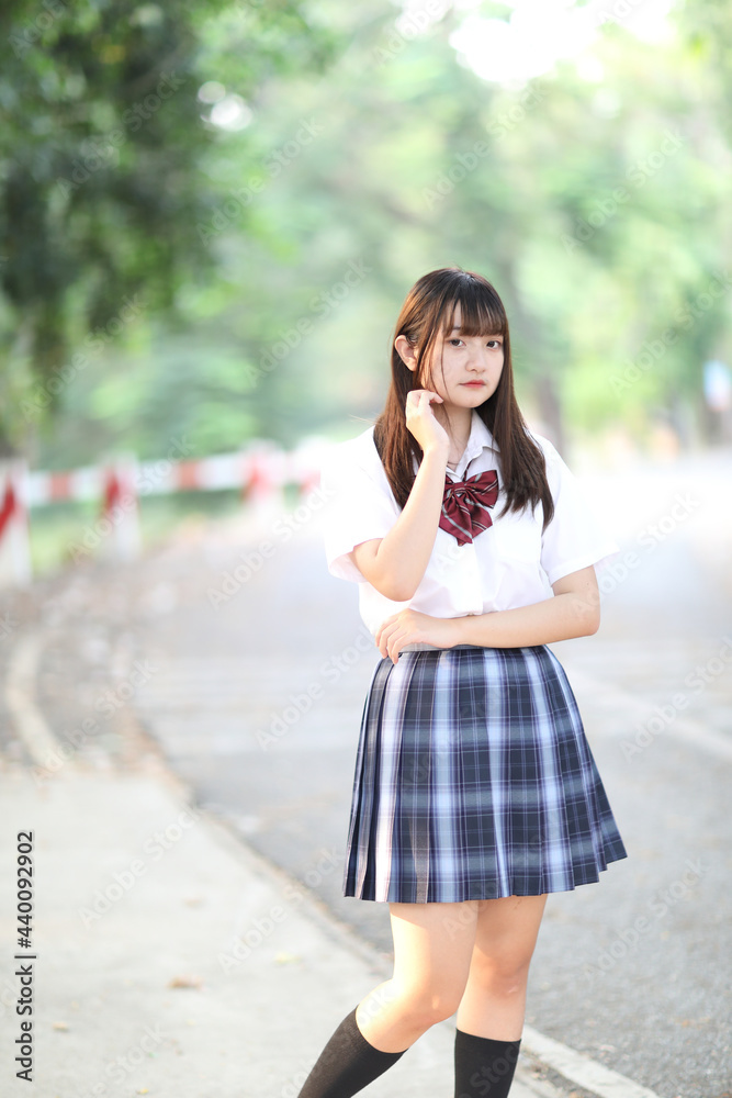 beautiful asian japanese school girl uniform looking at park outdoor beautiful asian japanese school girl uniform looking at park outdoor