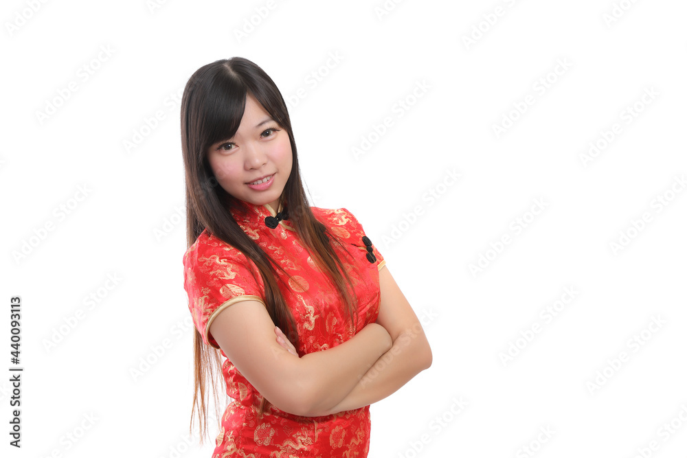 beauty woman wear red cheongsam looking and smile in chinese new year beauty woman wear red cheongsam looking and smile in chinese new year