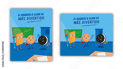 Vector salón de clases con personajes de galletas. El Regreso a clase es más divertido. Ilustración de galletas como estudiantes y profesores.