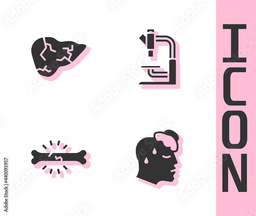 Set High human body temperature, Hepatitis virus, Bone pain and Microscope icon. Vector