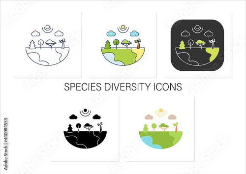 Species diversity icons set.Describe diversity of living species. Included insects,animals,plants,fungi.Collection of icons in linear, filled, color styles.Isolated vector illustrations 