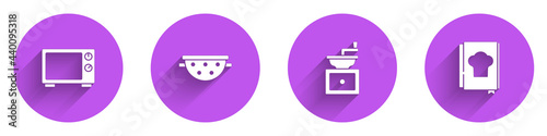 Set Microwave oven, Kitchen colander, Manual coffee grinder and Cookbook icon with long shadow. Vector
