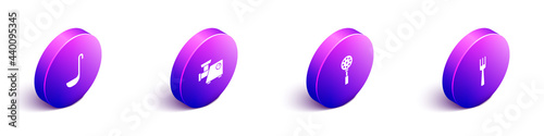 Set Isometric Kitchen ladle, meat grinder, Spatula and Fork icon. Vector