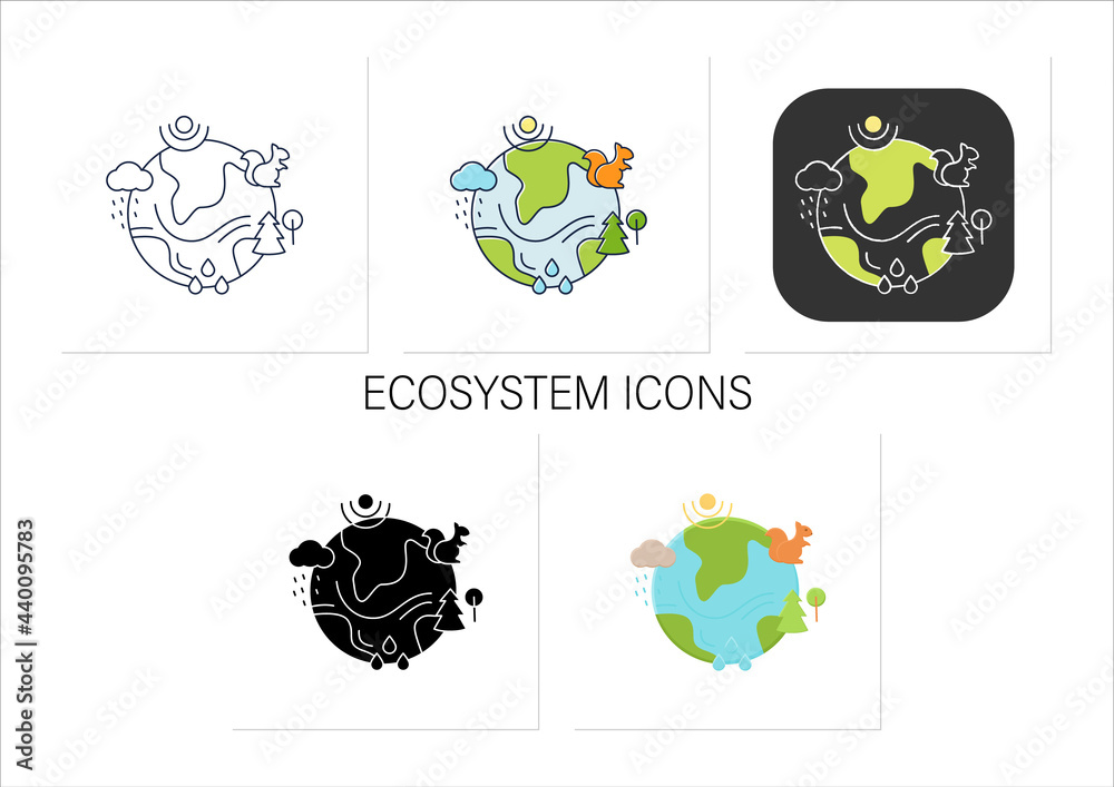 Ecosystem icons set. Living community of organisms. Consist of ...