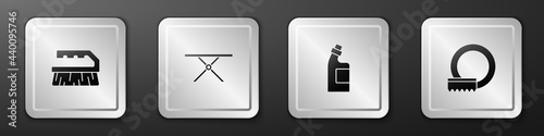 Set Brush for cleaning, Ironing board, Bottle agent and Washing dishes icon. Silver square button. Vector