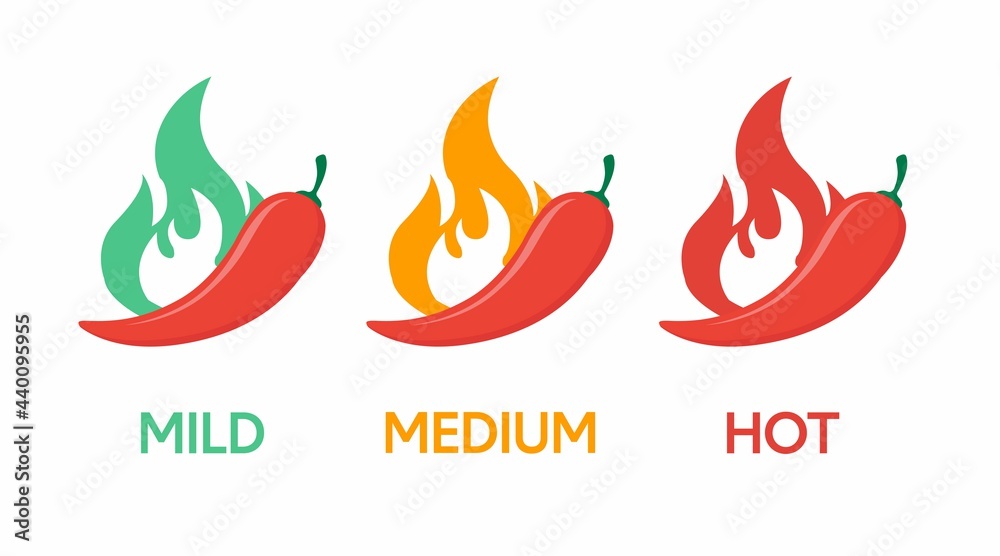 Red chili pepper strength scale indicators. Mild, medium, hot chilli