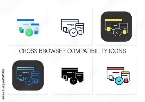 Cross browser compatibility icons set.Synchronizing all data in different devices.Sharing data. Digitalization concept.Collection of icons in linear, filled, color styles.Isolated vector illustrations