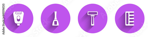 Set Epilator, Nail polish bottle, Shaving razor and Hairbrush icon with long shadow. Vector