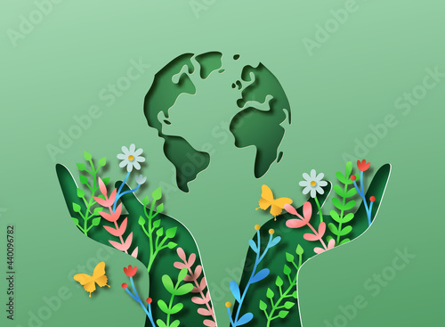 Green hand nature plant leaf and planet earth papercut