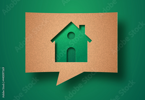 Eco house green papercut chat bubble concept