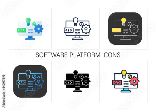 Software platform icons set. Programming environment. Platform for creating new operating systems. New idea.Collection of icons in linear, filled, color styles.Isolated vector illustrations