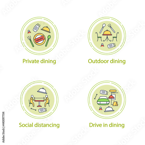 Restaurant new normal concept line icons..Private dining, outdoor dining, social distancing, drive in dining. Vector isolated conception metaphor illustrations