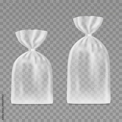 Two transparent plastic bags with clip isolated on transparent. Package mockup. Vector 3d realistic. Blank template. Cellophane packaging for various products. Big and small. Ready for design. EPS10.