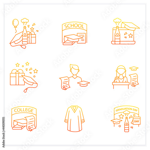 Graduation gradient icons set. Personal growth, professional development.Party, academic career and special uniform.Isolated vector illustrations.Suitable to banners, mobile apps and presentation