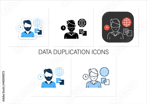 Data duplication icons set. Ease duplication data across the Internet badge for designs. Copied information. Collection of icons in linear, filled, color styles. Isolated vector illustrations