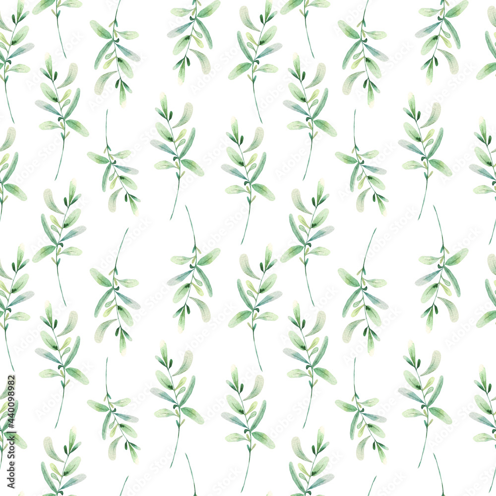 Watercolor illustration. Seamless pattern from green twigs on a white background. Greenery branches in seamless design