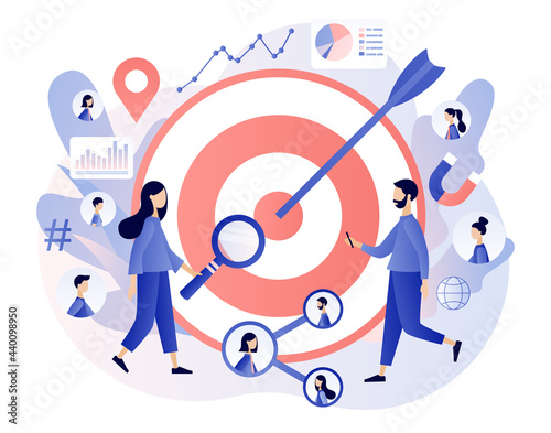 Big business goal. Target audience, customers outreach, digital targeting marketing, sales generation. Tiny people set up advertice on social networks. Modern flat cartoon style. Vector illustration 