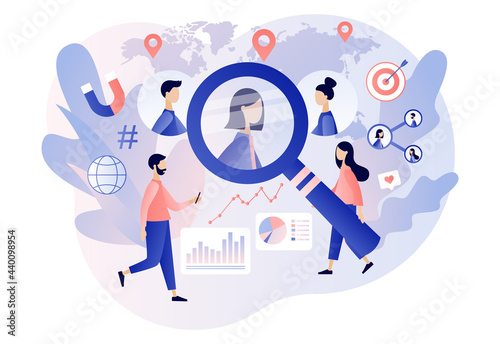 Target audience, customers outreach. Business goal concept. Digital targeting marketing, sales generation. Tiny people set up advertice on social networks. Modern flat cartoon style. Vector 