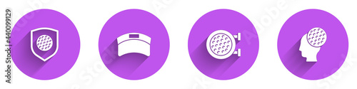 Set Golf ball with shield, Sun visor cap, sport club and icon with long shadow. Vector