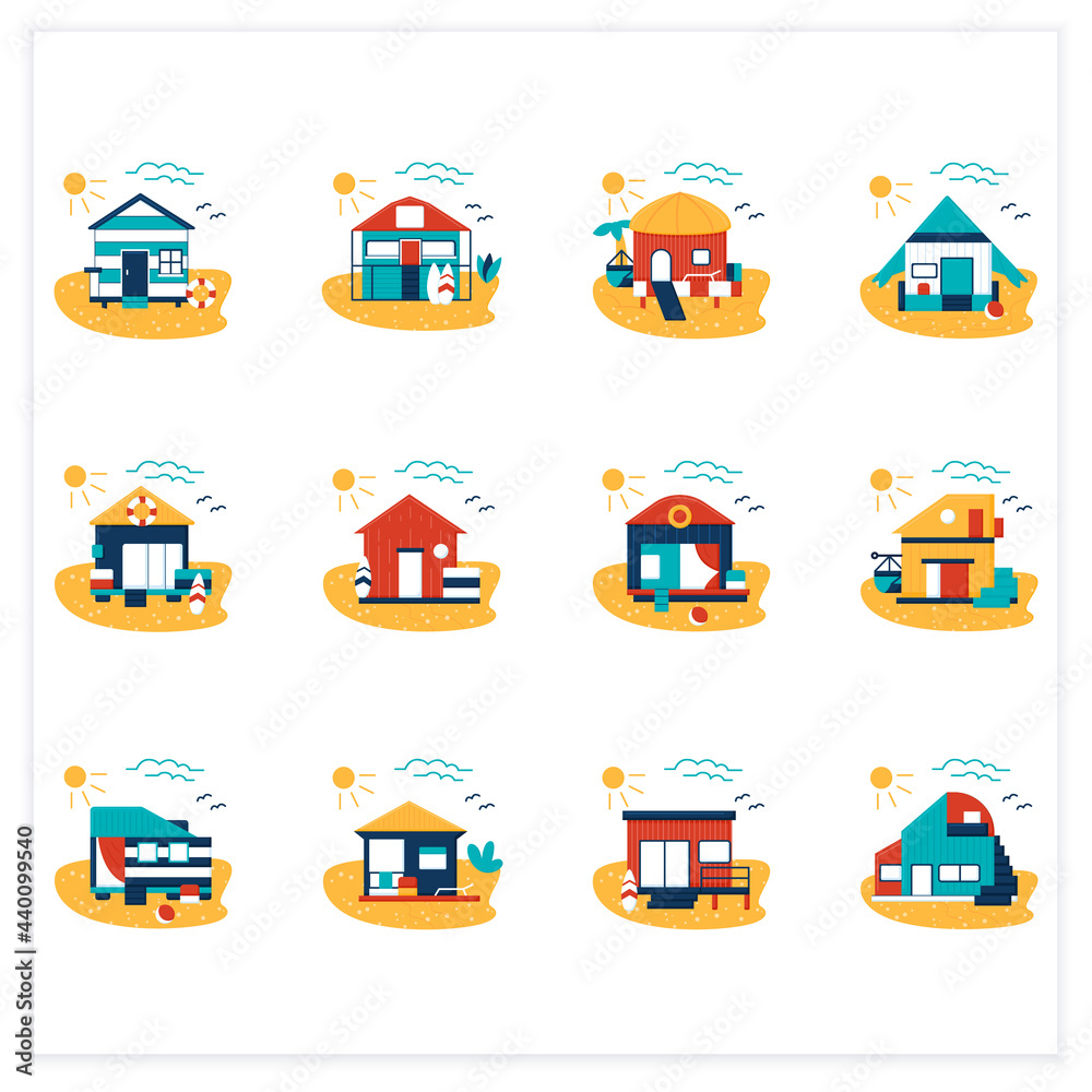 Beach hut flat icons set. Modern facade comfortable houses on beach. Perfect relax place. Seascape. Rest concept. Vector illustrations