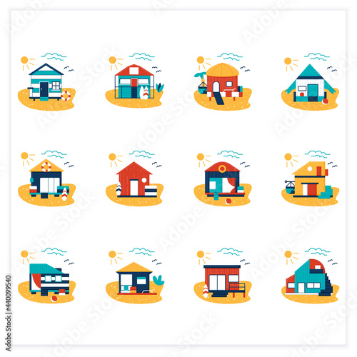 Beach hut flat icons set. Modern facade comfortable houses on beach. Perfect relax place. Seascape. Rest concept. Vector illustrations