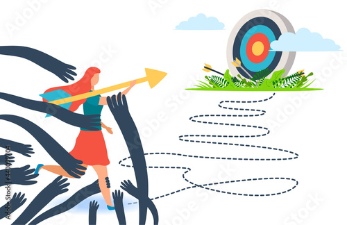 A woman in the face of fears. Fear does not allow you to move forward towards the goal. The concept of psychology and complexes. Flat