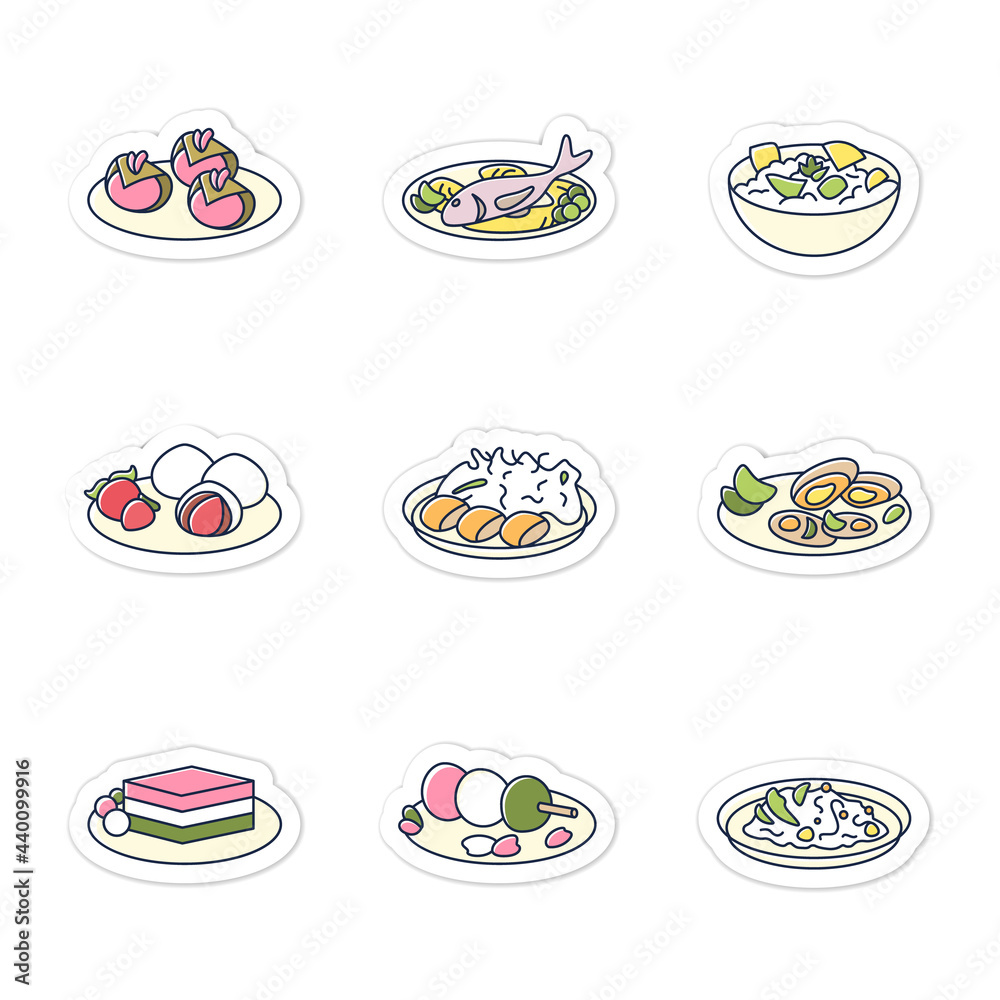 Japanese food stickers. Spring delicates badge for designs. Tradition meal vector emblem