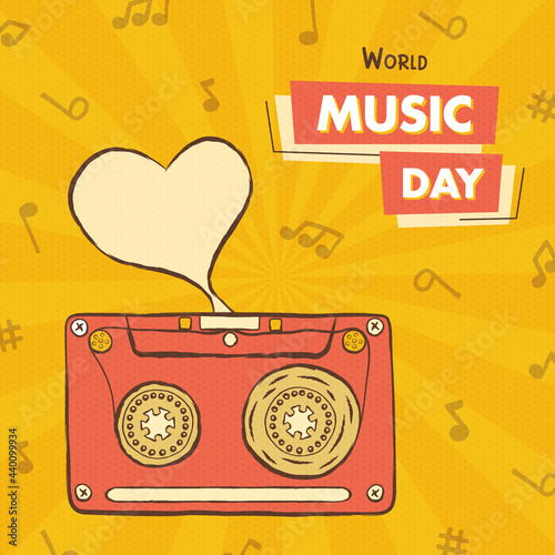 World Music Day vintage heart cassette cartoon