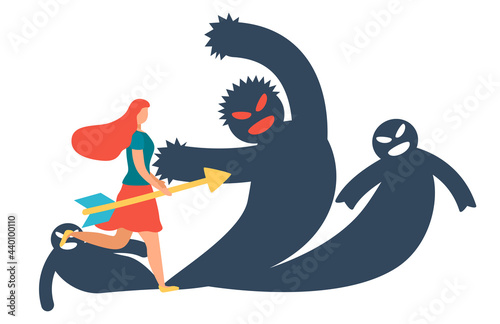 Frightened woman in the face of fears. Fear prevents you from moving forward. Fears and limitations in the head, in thoughts, in the brain.