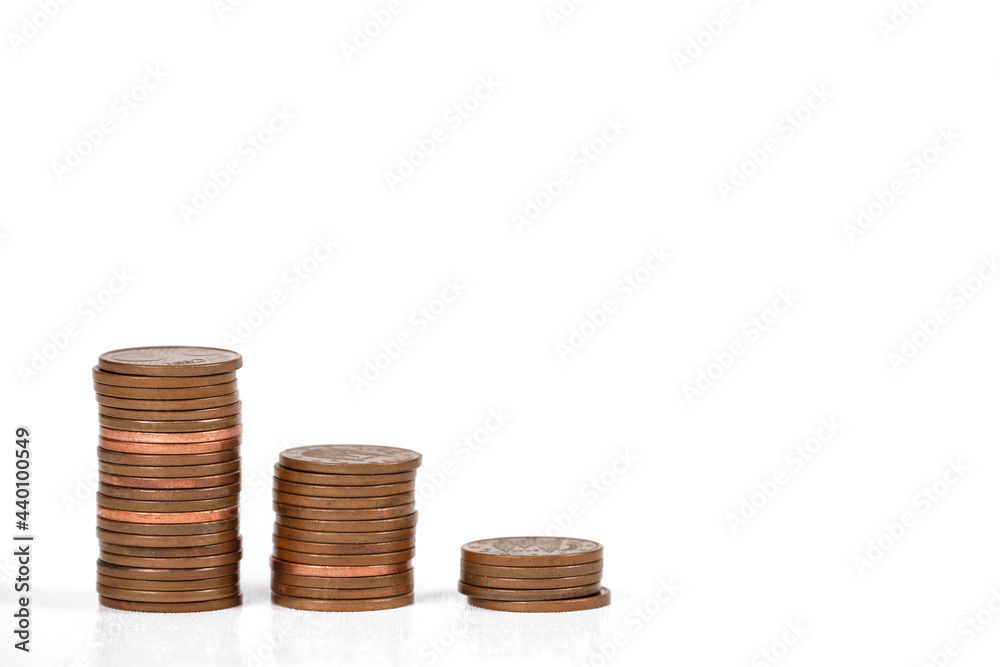 Pile of copper coins chart isolated on white background, close up Pile of copper coins chart isolated on white background, close up