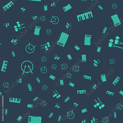 Set Accordion, Music synthesizer, Drum and drum sticks and Air headphones on seamless pattern. Vector